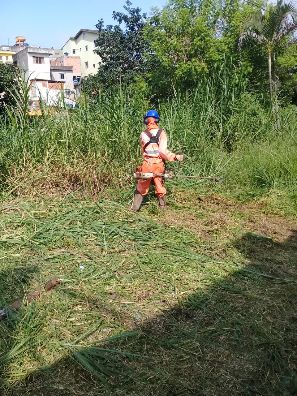 Funcionário de uniforme laranja corta gramado alto. Ao fundo, casas da região.